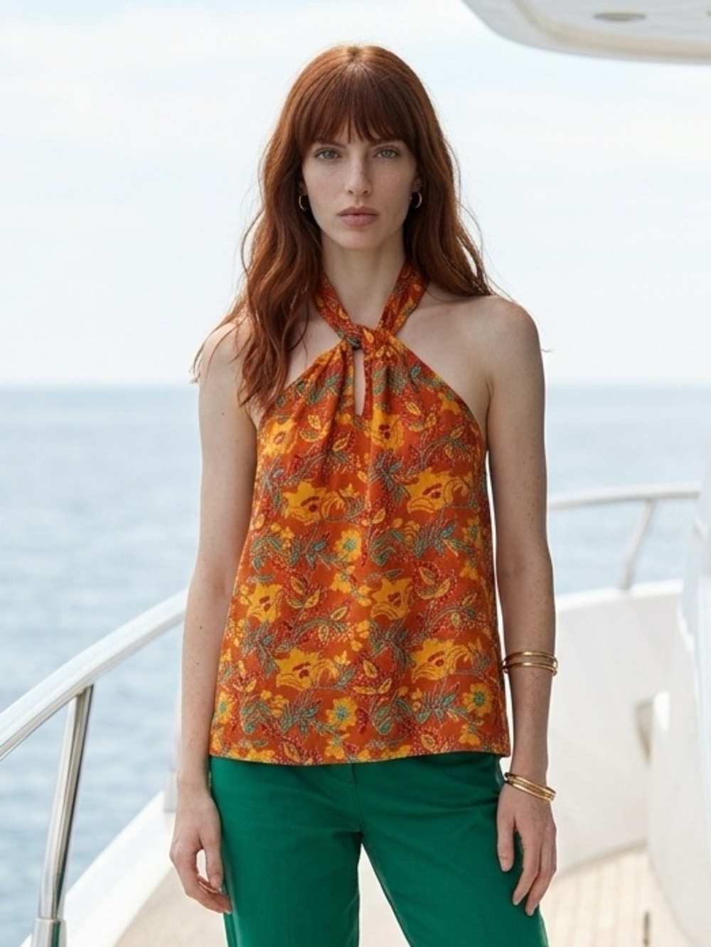 NWT Jennifer & Grace SZ L oversized brown/green/multicolored halter top/Bust 44